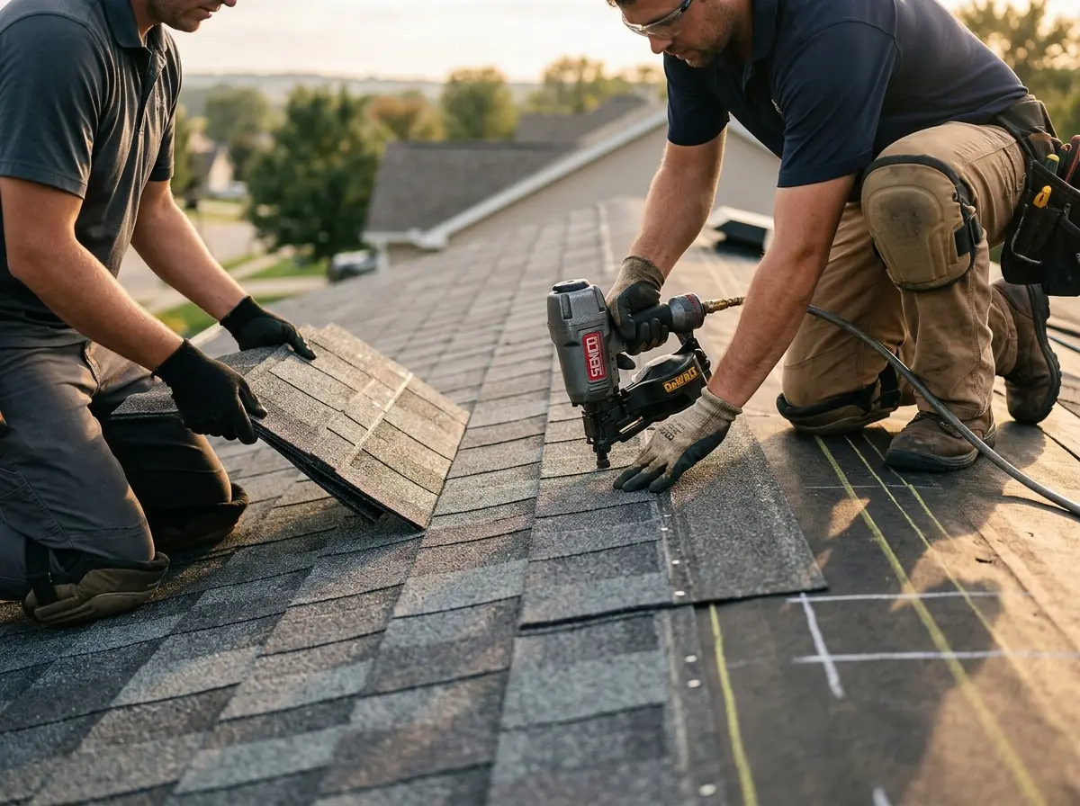 Professional roofer working on a residential roof in Essex Junction